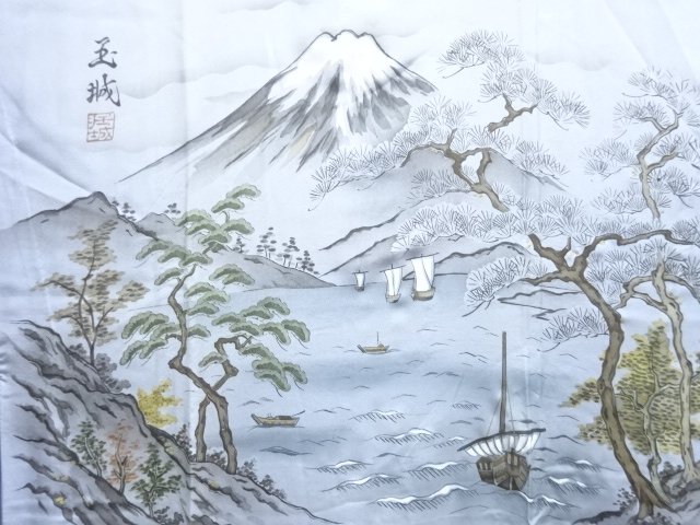 JAPANESE KIMONO / ANTIQUE MENS HITOE JUBAN / SILK / MT. FUJI & PINE  